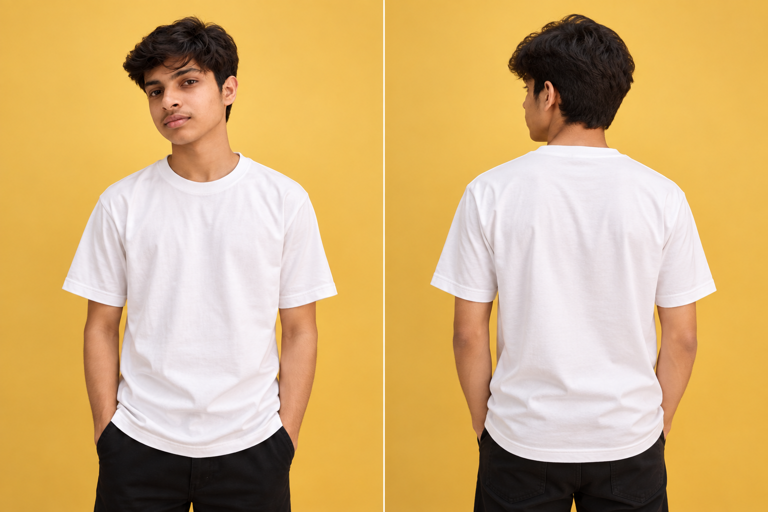 Ayush wearing a plain white T-shirt, front view